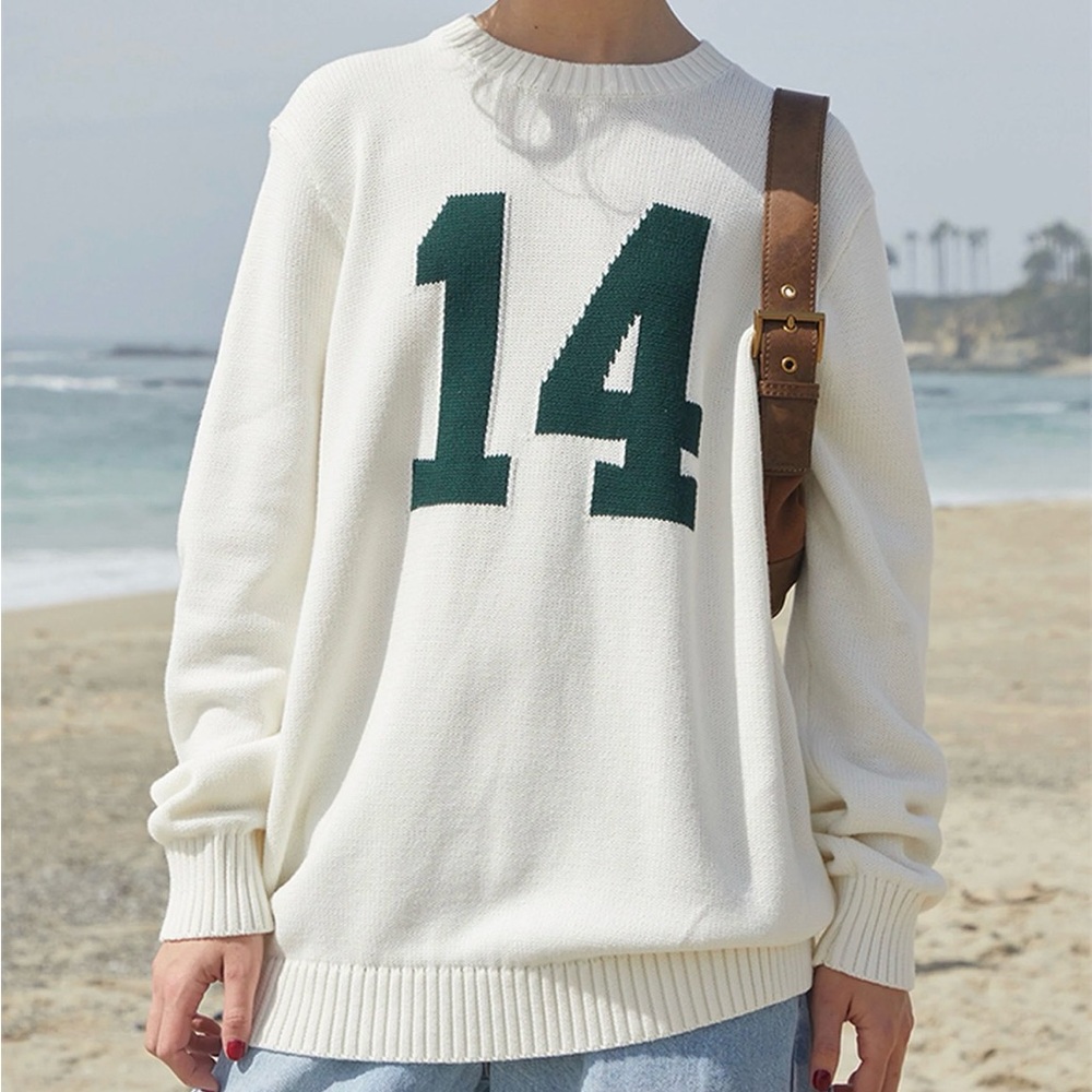Brandy Melville Cream Sweatshirt with Green Number 14